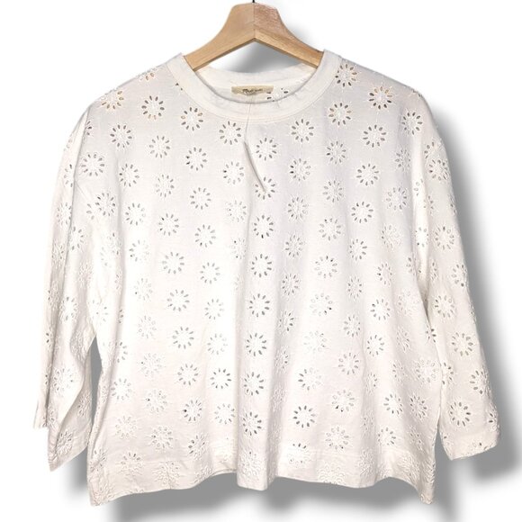 NEW Madewell Women's Embroidered Wide Sleeve Boxy Tee Med Eyelet White NWT - Picture 1 of 5